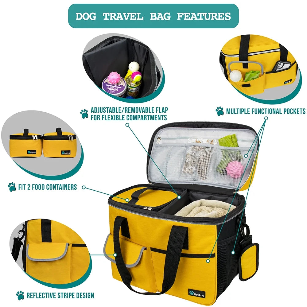Dog Travel Bag, Travel Pet Bag Organizer, Dog Food Travel Bag with Food Container and Bowls, Dog Travel Supplies Gift Accessories for Weekend Camping, Dog Cat Diaper Bag (Grey, Large)